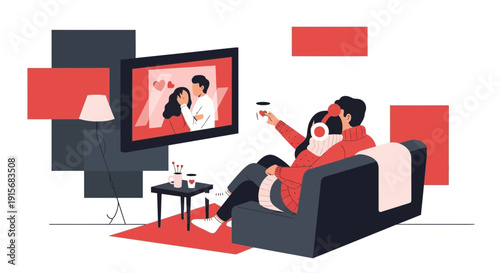 Cozy Couple Enjoys Romantic Movie Night Together On Sofa