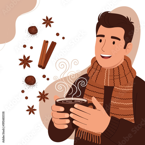 Cozy Autumn Beverage Enjoyment With Warm Spices And A Smiling Man