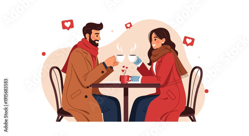 Cozy Couple Sharing Warm Drinks in Winter Season With Love Symbols