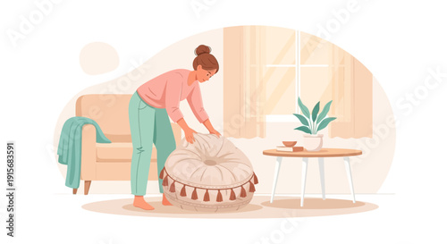 Cozy Interior Scene Featuring A Woman Arranging A Bohemian Style Pouf