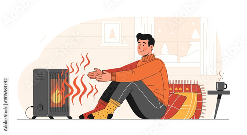Cozy Evening By The Heater Man Warming Hands Enjoying Winter Comfort