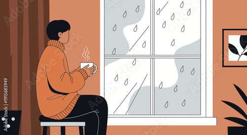 Cozy Rainy Day Serenity Contemplation With Warm Drink Inside