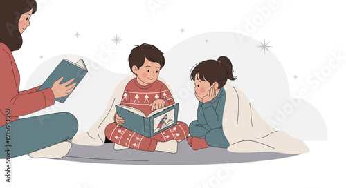 Cozy Family Storytime Warm Blanket Reading Together Engaging Children's Imagination