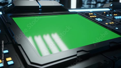 Futuristic control panel with green screen and glowing buttons