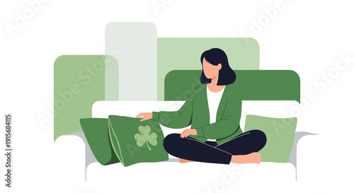 Cozy Woman Relaxing With Clover Pillows On A Sofa