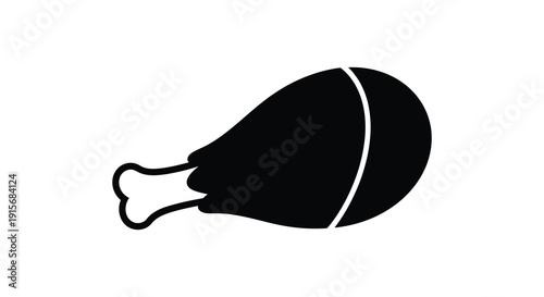 A simple black silhouette depicts a single chicken leg with bone showcasing a minimalist food graphic high quality