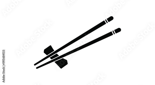 A minimalist depiction of a pair of black chopsticks resting on a black chopstick rest isolated on white