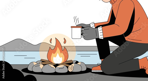 Cozy Winter Campfire Scene With Person Holding Warm Drink By Lakeside Landscape