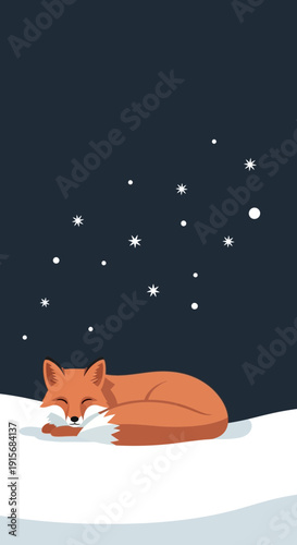 Cozy Fox Slumbering Under Starry Winter Night Sky Minimalist Art