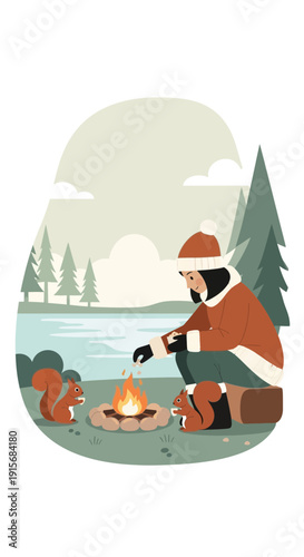 Cozy Winter Camping Scene With Squirrels Around A Warm Campfire