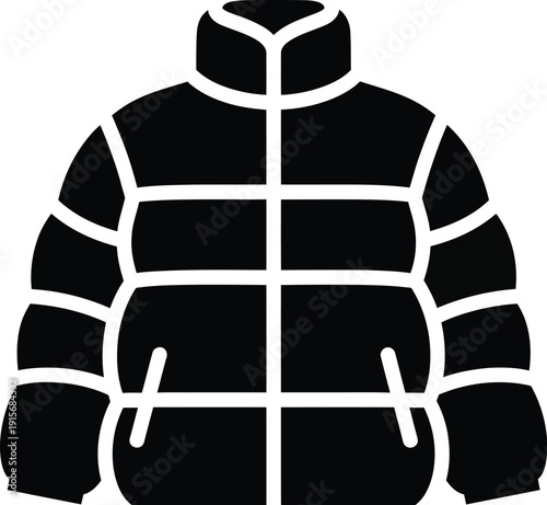A simple black and white icon illustrating a warm winter puffer jacket with horizontal quilting and a high collar