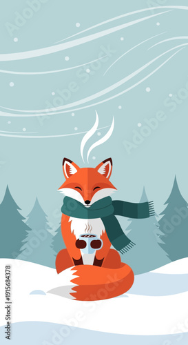 Cozy Winter Fox Enjoying Hot Beverage Amidst Snowy Forest Landscape
