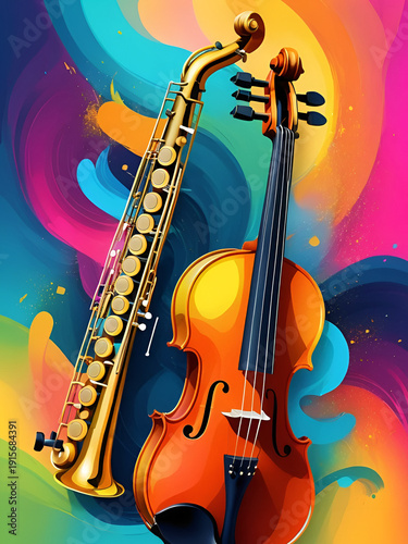 Abstract colorful music background with violin and saxophone, digital painting. AI generative.