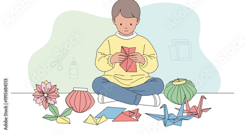 Creative Child Engaged in Origami Crafting Art With Colorful Paper Creations