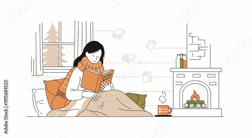 Cozy Winter Reading By The Fireplace With A Warm Drink And A Book