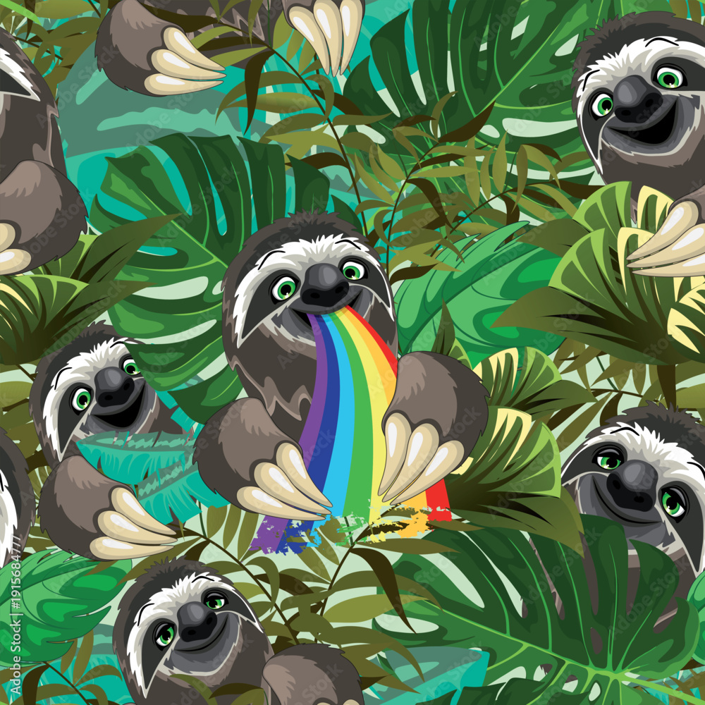 Naklejka premium Sloth Cute Character and Rainbow in Rainforest Vector Seamless Pattern 
