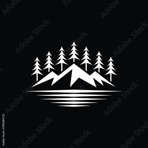 Mountain with lake forest, pine evergreen tree with river creek landscape outdoor logo design vector