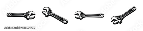 Adjustable wrench flat vector icons set. repair and tool symbols for maintenance work