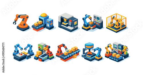 Industrial automation, robotics 3d icon set. Advanced machinery, factory equipment icons