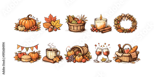 Autumn festival flat icon set. Harvest, thanksgiving, seasonal celebration icons collection.
