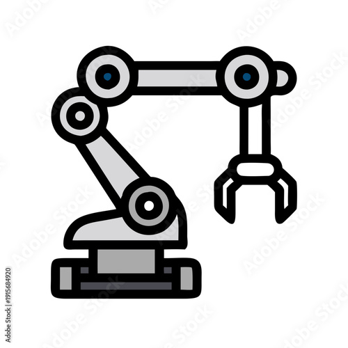 Industrial robotic arm with a gripping claw end effector on a mobile base platform
