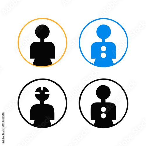 Four stylized icons of people with different headwear and colored circles