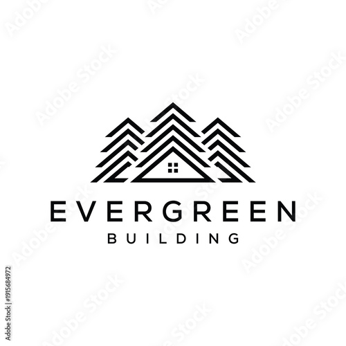 Forest wooden house with pine evergreen fir trees for adventure outdoor camp logo design