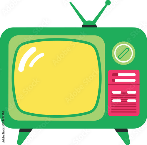 Vintage-style television set with colorful retro design and channels guide isolated on transparent background, Vector