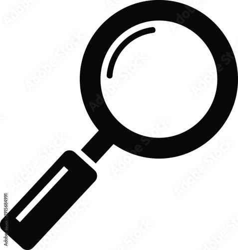 A simple black and white magnifying glass icon with a handle isolated on transparent background, Vector