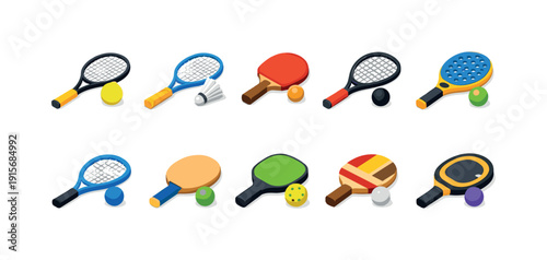 Ping pong, tennis isometric icon set. Rack, paddle, ball icons in 3d style