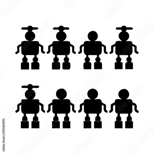 Two rows of silhouetted robots with graduation caps and standing on pedestals.