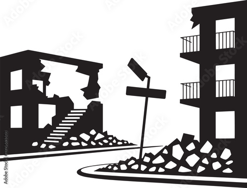 Ruined city buildings collapsed after disaster and war with debris on street