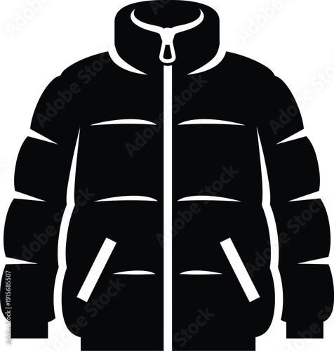 A simple black and white icon representing a warm winter puffer jacket, featuring a high collar and a front zipper.