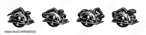 Power tools flat vector icons set: circular saw, woodwork equipment, tool collection