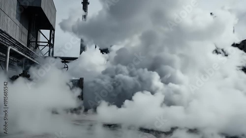 Industrial facility releases thick smoke from a pipe and chimney into sky