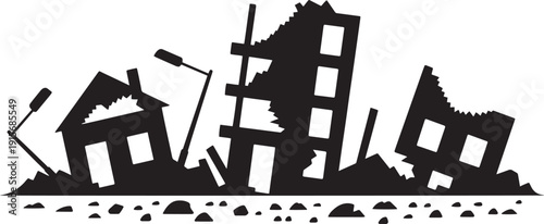 Ruined city landscape with collapsed buildings and debris after natural disaster