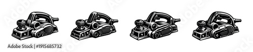 Carpentry tools flat vector icons set: electric planers collection for woodworking and diy