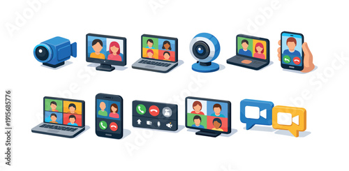 Video call 3d icon set. Virtual meeting, conference, chat, communication symbols