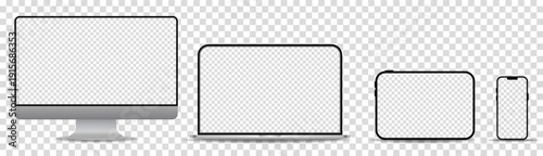 Realistic set of media gadgets with transparent screen