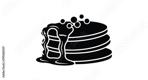 A minimalist black and white illustration depicts a stack of pancakes topped with syrup and berries high quality