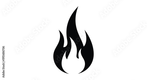 A striking black silhouette depicts a stylized flame showcasing dynamic curves and a fiery form against a white background