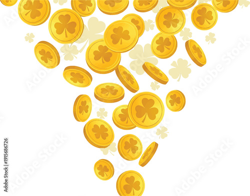 Golden Coins with Shamrock Pattern in Triangular Arrangement for St. Patrick’s Day Vector Illustration