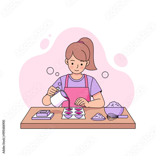 Creative Person Crafting Homemade Soap In Kitchen With Pastel Colors