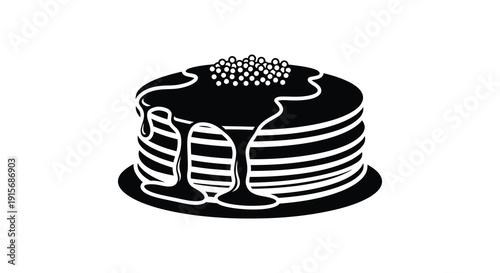 A black and white illustration depicts a stack of pancakes topped with what appears to be caviar