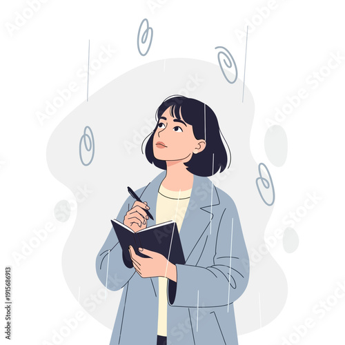 Creative Person Jotting Down Ideas Amidst Abstract Thought Rain