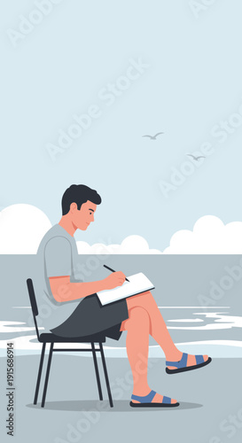 Creative Person Sketching Beside Serene Ocean View