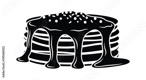 A stylized black and white illustration depicts a decadent chocolate cake with dripping ganache frosting and sprinkles