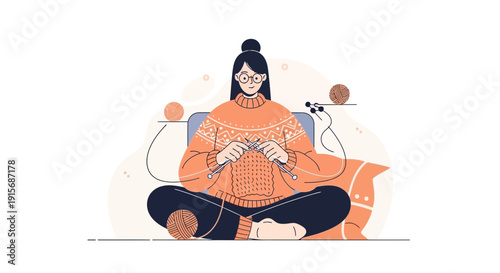 Creative Woman Engaged In Cozy Knitting Hobby With Yarn And Needles