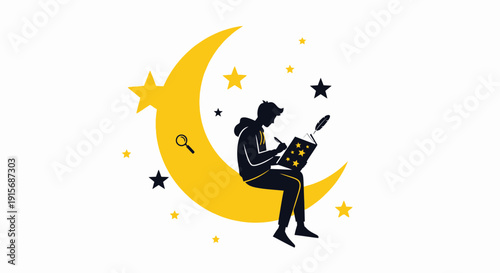 Creative Writing On Moon Silhouette, Imagination, Inspiration, And Dream Concepts