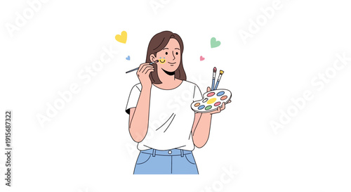 Creative Young Artist Painting Joyful Self Portrait With Palette Brushes And Hearts